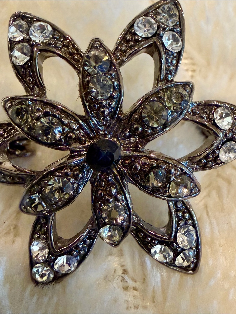 Vintage Silver & Crystal Floral Brooch with Dark Center